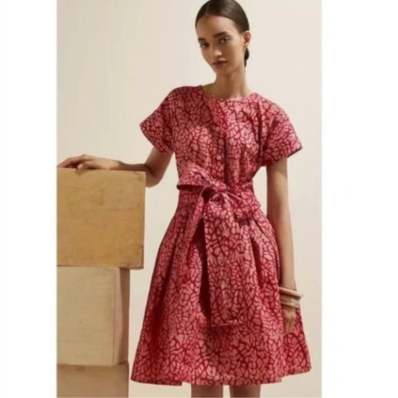 Anthropologie Dresses & Skirts - Anthropologie Sika Mosaic Print Dress Red Peach Cotton Belted